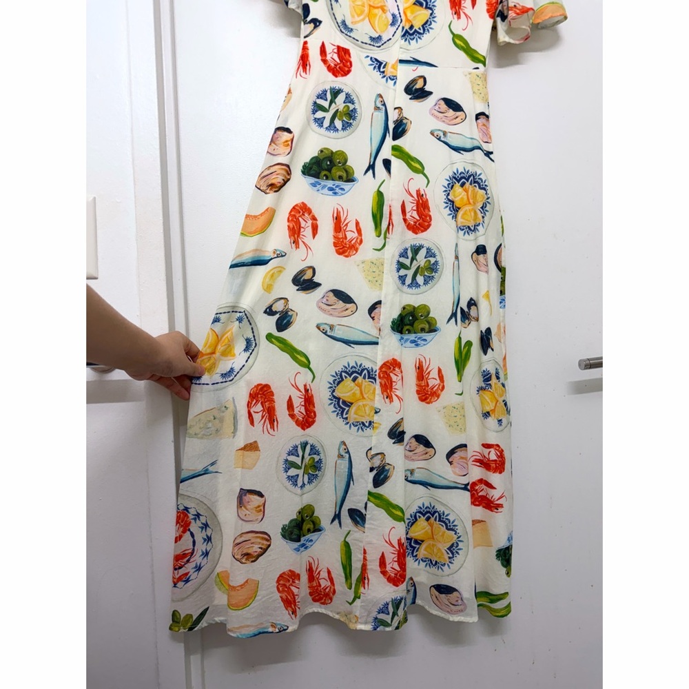Lisa Says Gah Grace Food Print Midi Dress Tapas Ivory Lemon Olive Fruit XS - Picture 11 of 16